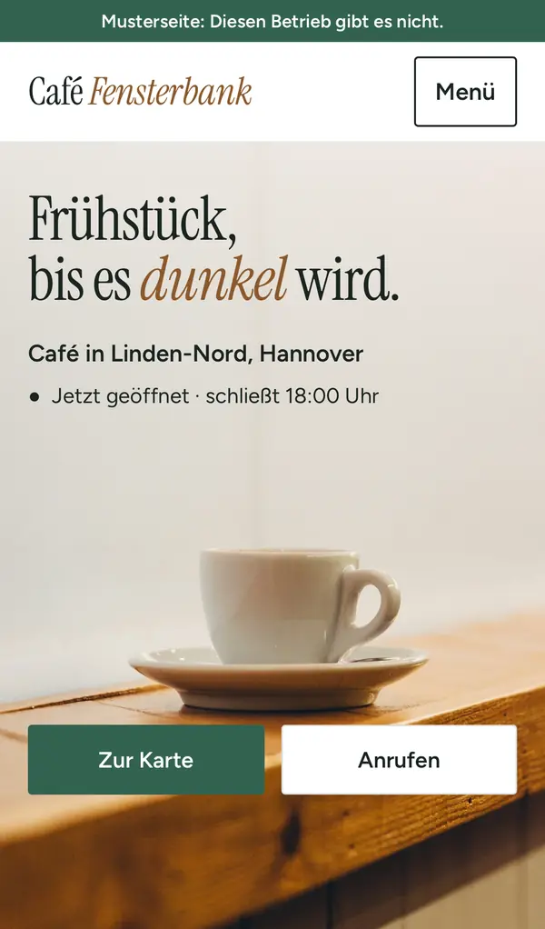 Erster Bildschirm der Musterseite Café Fensterbank am Handy