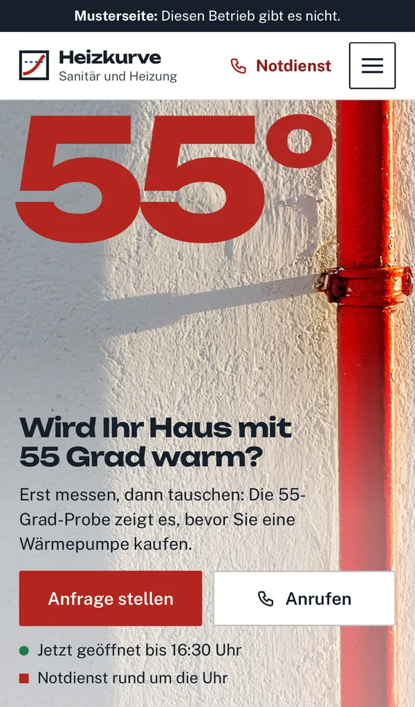 Erster Bildschirm der Musterseite Heizkurve Haustechnik am Handy