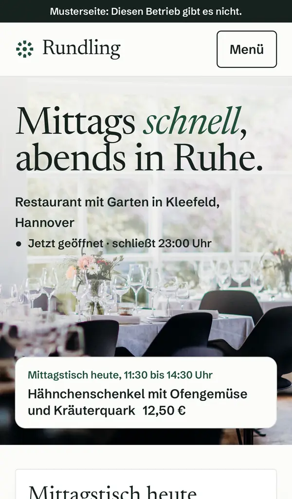 Erster Bildschirm der Musterseite Restaurant Rundling am Handy
