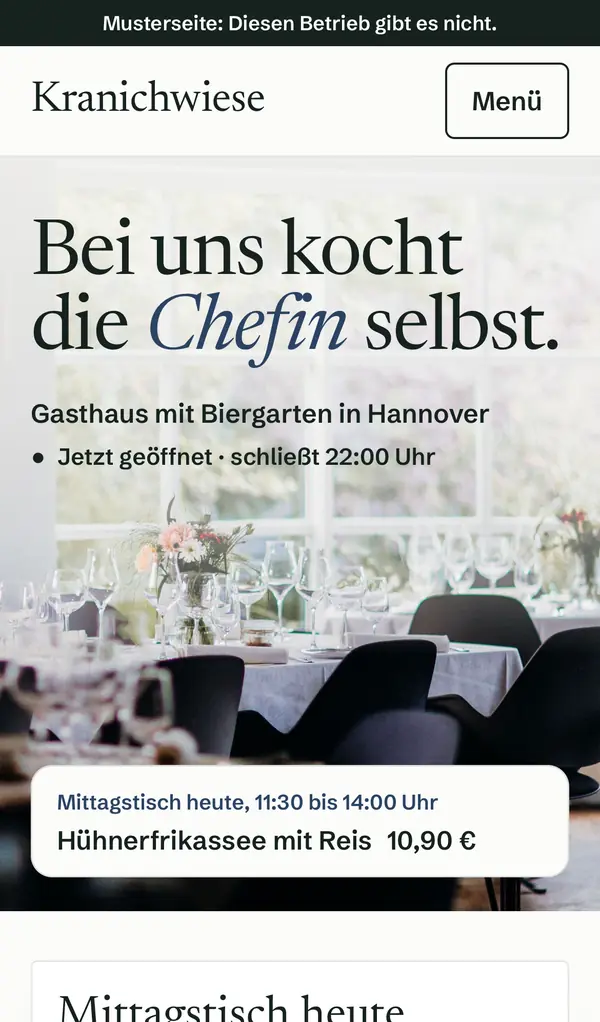 Erster Bildschirm der Musterseite Gasthaus Kranichwiese am Handy