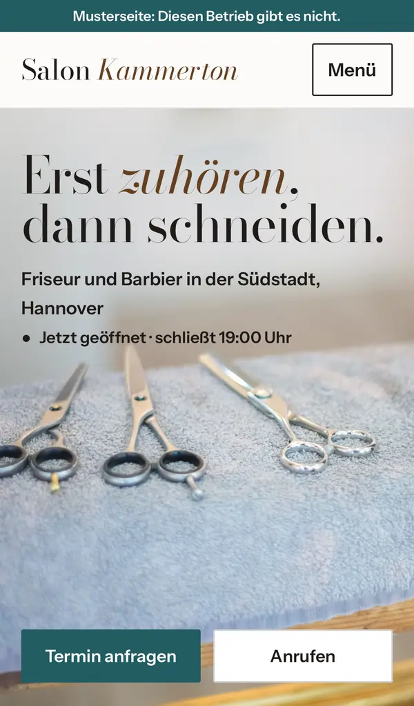 Erster Bildschirm der Musterseite Salon Kammerton am Handy