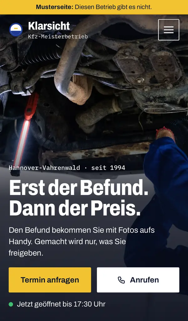 Erster Bildschirm der Musterseite Werkstatt Klarsicht am Handy