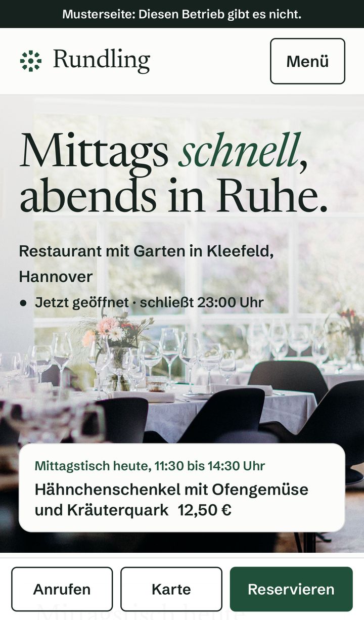 Startseite des Beispiels Restaurant Rundling am Handy: Überschrift, ob gerade geöffnet ist, der Mittagstisch heute mit Gericht und Preis, unten die Knöpfe Anrufen, Karte und Reservieren