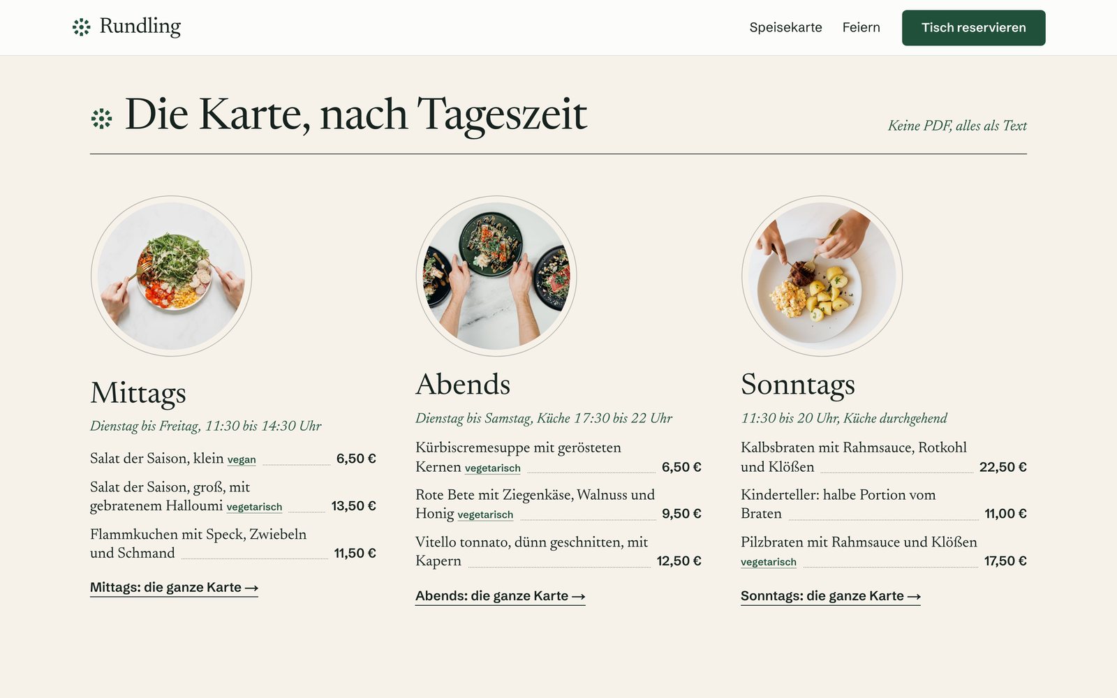 Abschnitt ‚Die Karte, nach Tageszeit‘ des Beispiels Restaurant Rundling am Rechner: drei Spalten Mittags, Abends und Sonntags mit je drei Gerichten und Preisen, oben der Hinweis ‚Keine PDF, alles als Text‘